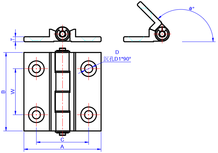 Aluminum Detent Hinges dimension diagram