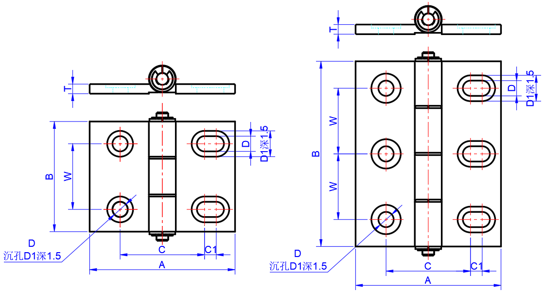 Aluminum Hinges with Slotted Holes dimension diagram