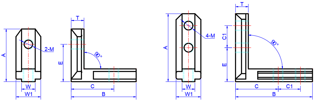 L-Shape Cast Interior Joint Brackets Dimension Drawing